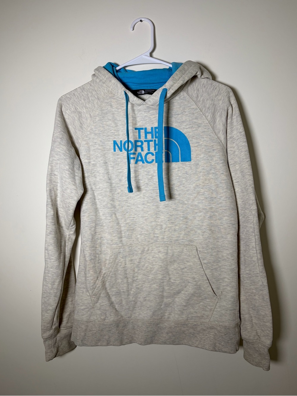 The North Face Women’s Medium Heather Gray Hoodie with Blue Logo & Lining